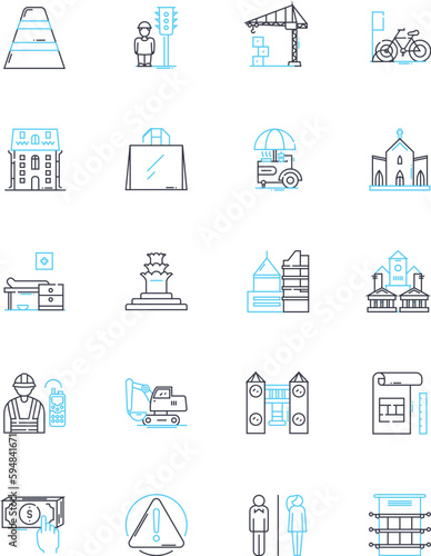 Skyscrapers linear icons set. Towering, Architectural, Urban, Majestic, Iconic, Futuristic, Skyline line vector and concept signs. Height,Glass,Concrete outline illustrations