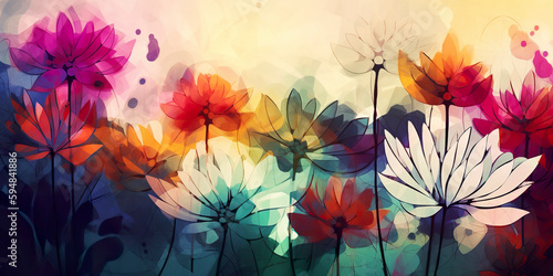 Nature beauty in multi colored floral backdrop. Abstract stylized flowers as wallpaper background. 3D realistic illustration. Creative AI