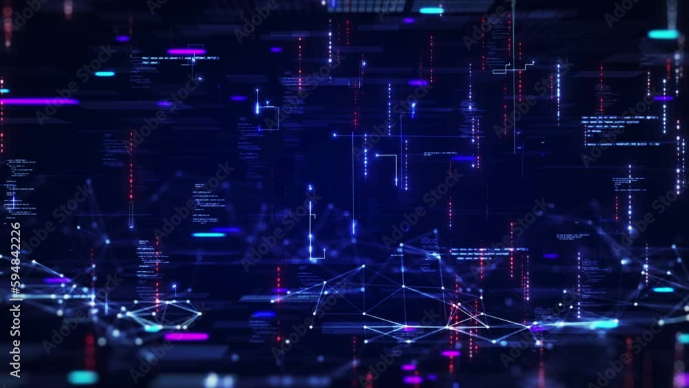 Digital information technology concept. Cybersecurity and protection system from online crime threats. Data Analytics or Data Science. Binary code polygons connected on dark blue background. Digital information technology concept. Cybersecurity and protection system from online crime threats. Data Analytics or Data Science. Binary code polygons connected on dark blue background.