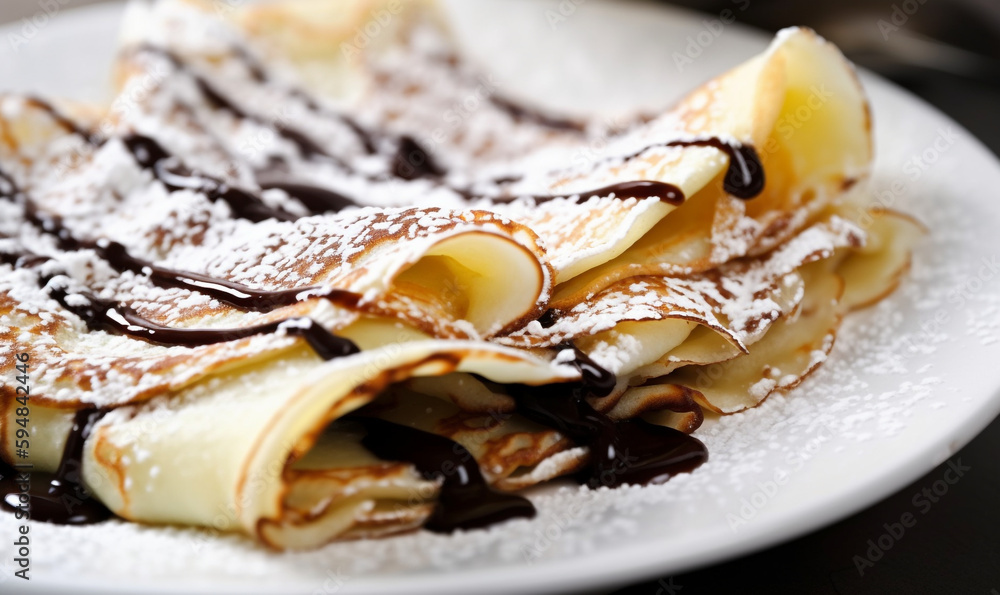 fresh sweet crepes with chocolate and powdered sugar on a plate fresh sweet crepes with chocolate and powdered sugar on a plate