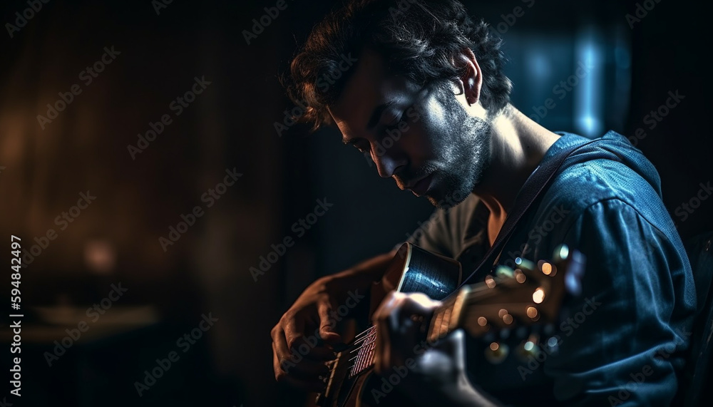 Dark night, young guitarist plucking acoustic strings generated by AI Dark night, young guitarist plucking acoustic strings generated by AI