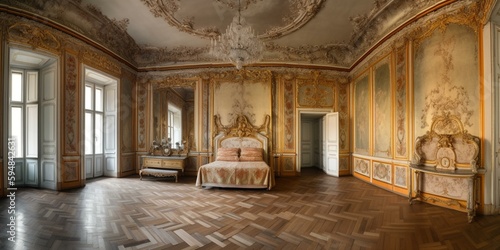 A Luxurious Baroque Bedroom with ornate gilded finishes and opulent silk textures  generative ai