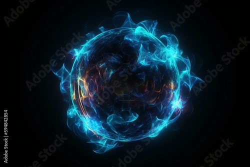 Abstract energy sphere round planet star futuristic cosmic blue beautiful glowing magic on black background. Abstract background. Generative AI