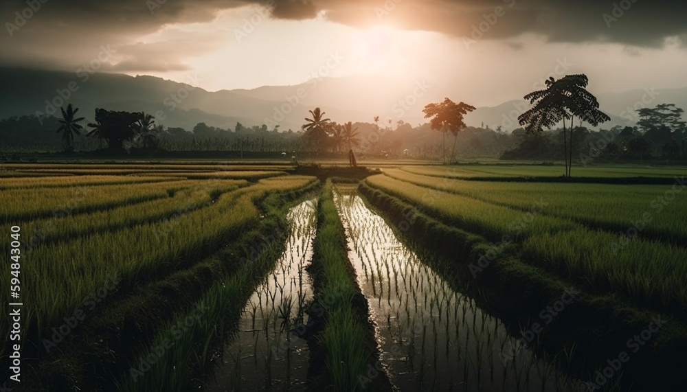 Fototapeta premium Golden rice paddies glow in Bali's sunset sky generated by AI
