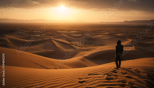 Solitude walking on arid sand dune terrain generated by AI