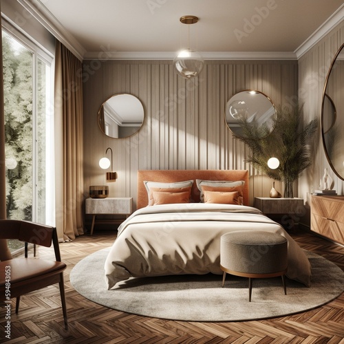 A Luxurious Mid-Century Modern Bedroom with Geometric Patterns and Tweed Textures, generative ai © Luxe