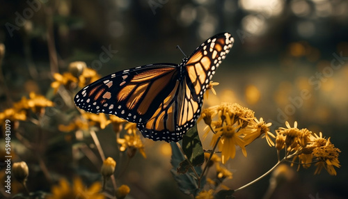 Vibrant butterfly amidst yellow flowers in outdoors generated by AI