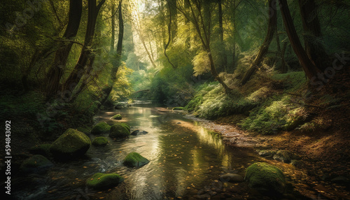 Tranquil autumn forest green leaves and water generated by AI