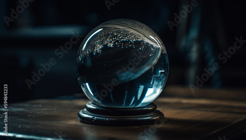 Wallpaper Mural Transparent crystal sphere on wet table reflects background generated by AI Torontodigital.ca