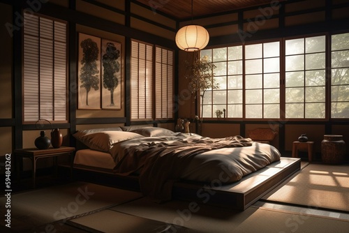 A sophisticated Japanese-inspired Bedroom featuring luxe silk drapes and a floating platform bed, generative ai