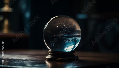 Shiny blue glass sphere reflects glowing water drop generated by AI