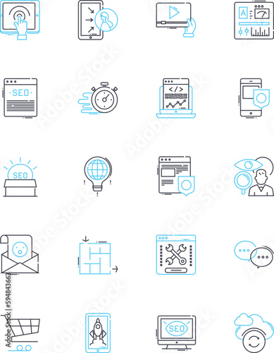Blog outreach linear icons set. Collaborate, Engagement, Influencers, Promotion, Nerk, Visibility, Partnerships line vector and concept signs. Community,Branding,Exposure outline illustrations