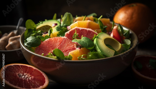 Fresh salad bowl with organic veggies and citrus generated by AI