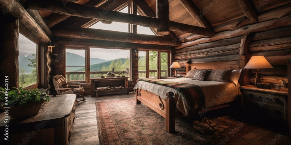 A Rustic Lodge Bedroom with a log bed frame, a beamed ceiling, and a gingham duvet, generative ai