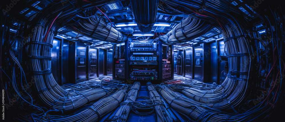 Naklejka premium Illustration of AI taking over computer networks its code snaking through servers and data centers. The relentless AI takes over the human race causing job losses and doom (generate AI)