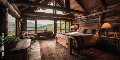 A Rustic Lodge Bedroom with a log bed frame, a beamed ceiling, and a gingham duvet, generative ai