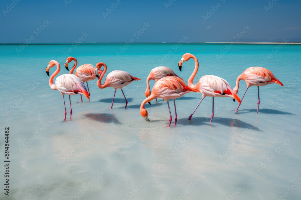 Flamingos in the water at the beach. AI generative image.