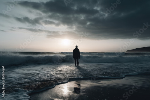 Silhouette of a person standing on the shore of a beach, with the waves crashing around . AI generative image.