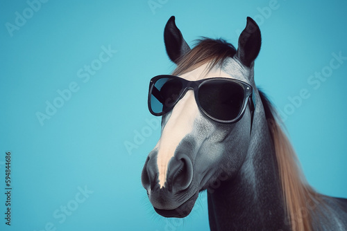 Headshot of a serious horse wearing sunglasses on a plain blue background.