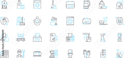 Cleaning company linear icons set. Disinfecting, Sanitizing, Tidying, Organizing, Detailing, Purifying, Scrubbing line vector and concept signs. Dusting,Polishing,Sweeping outline illustrations