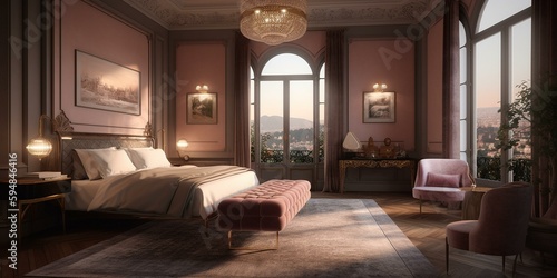 A romantic Art Nouveau Bedroom with plush velvet chairs, a silk-upholstered bench, and soft lighting creating a dreamy atmosphere, generative ai