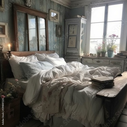 A vintage-inspired Shabby Chic Bedroom with a distressed wooden bed frame and cozy white linens, generative ai
