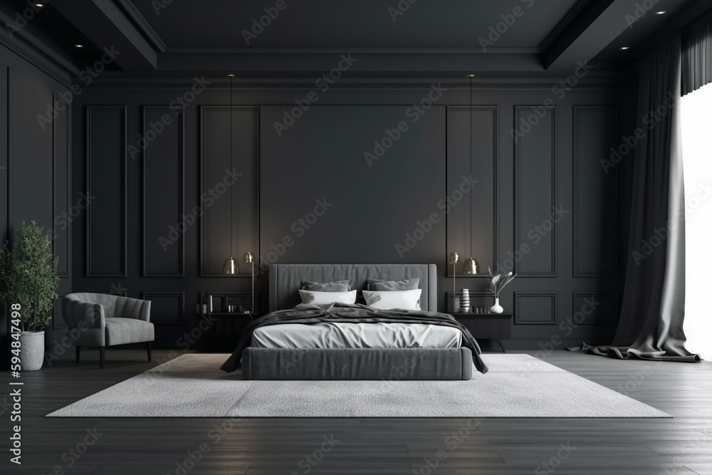 Luxurious large bedroom with black dark gray walls and a bed. Deep rich