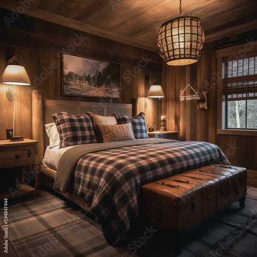 A charming Rustic Lodge bedroom with a striking plaid feature wall, leather bed frame, and vintage lighting fixtures, generative ai