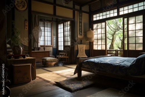 A rustic Japanese Bedroom with distressed wood furniture and rice paper screens punctuated by bold indigo accents, generative ai