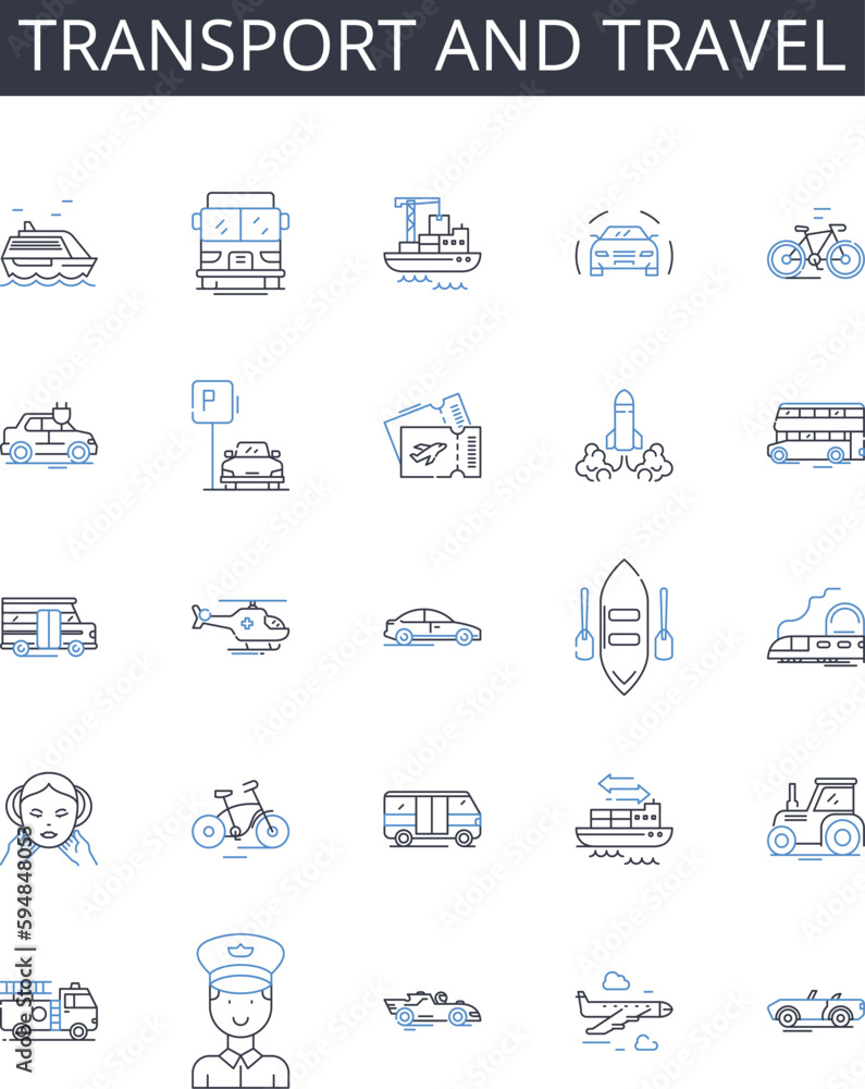 Transport and travel line icons collection. Commute, Voyage, Mobility, Pilgrimage, Transfer, Excursion, Expedition vector and linear illustration. Trek,Passage,Cruise outline signs set