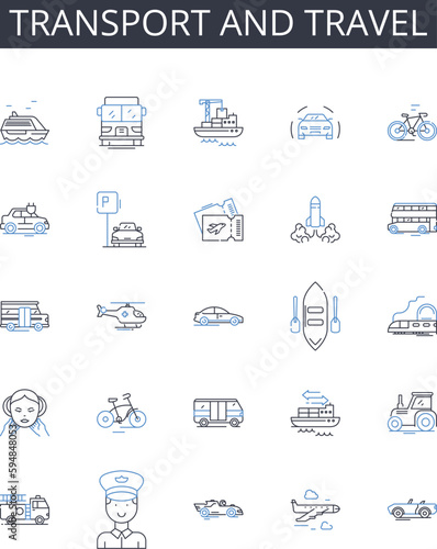 Transport and travel line icons collection. Commute, Voyage, Mobility, Pilgrimage, Transfer, Excursion, Expedition vector and linear illustration. Trek,Passage,Cruise outline signs set