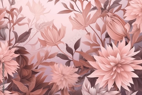 Floral pattern with realistic delicate pink flowers and leaves. Plant background for fashion, wallpapers, print. A lot of different flowers on the field. Generative AI