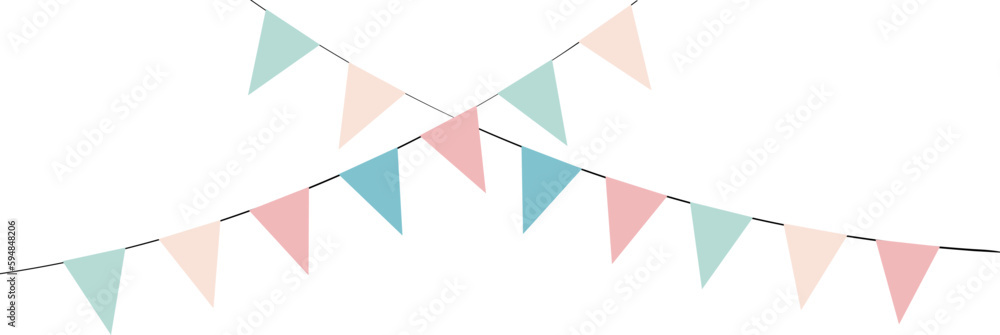 Multicolored triangular flags on ropes on a white background. Decoration of triangular flags. Vector illustration