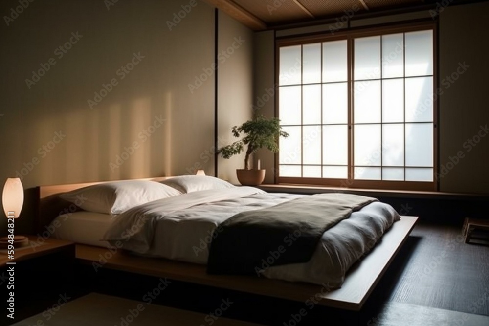 A modern Japanese Bedroom with clean lines and subtle silk accents in the form of pillows and curtains, generative ai