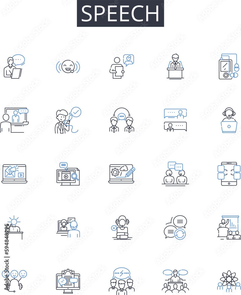 Speech line icons collection. Delivery, Oratory, Discourse, Verbalization, Dialogue, Expression, Conversation vector and linear illustration. Talkative,Articulation,Pronunciation outline signs set