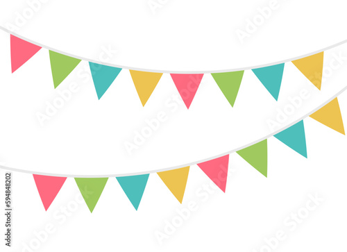 Multicolored triangular flags on ropes on a white background. Decoration of triangular flags. Vector illustration
