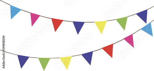 Multicolored triangular flags on ropes on a white background. Decoration of triangular flags. Vector illustration