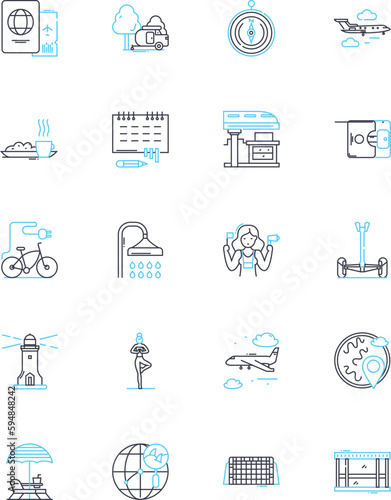 Escapade linear icons set. Adventure, Thrill, Excitement, Action-packed, Fun, Unforgettable, Exploration line vector and concept signs. Escape,Rush,Adrenaline outline illustrations