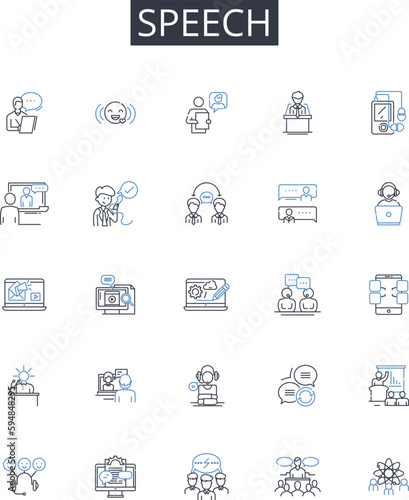 Speech line icons collection. Delivery, Oratory, Discourse, Verbalization, Dialogue, Expression, Conversation vector and linear illustration. Talkative,Articulation,Pronunciation outline signs set photo