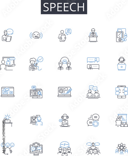 Speech line icons collection. Delivery, Oratory, Discourse, Verbalization, Dialogue, Expression, Conversation vector and linear illustration. Talkative,Articulation,Pronunciation outline signs set
