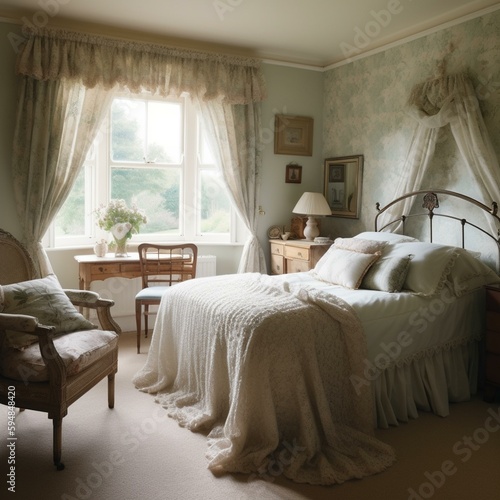 A classic Country Bedroom with a wicker armchair and ruffled curtains, generative ai