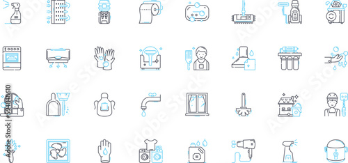 Cleaning services linear icons set. Sanitize, Disinfect, Tidy, Sweep, Scrub, Mop, Dust line vector and concept signs. Wipe,Polish,Vacuum outline illustrations