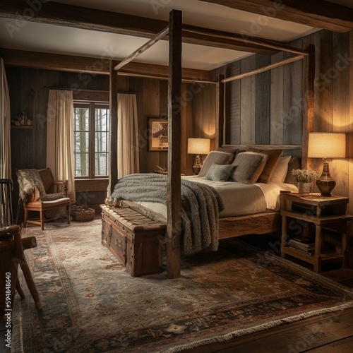 A serene Rustic Lodge Bedroom with a four-poster bed and a plush area rug, generative ai
