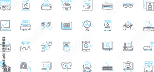 Communications tools linear icons set. Email, Chat, Video, Ph, Text, Voice, Conferencing line vector and concept signs. Telephony,Messaging,Collaboration outline illustrations