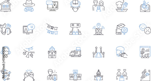 Suburban lifestyle line icons collection. Community, Neighbors, Gardening, Commuting, Traffic, Convenience, Parks vector and linear illustration. Recreation,Safety,Security outline signs set