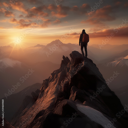 Person on top of a majestic mountain landscape with sunset in the background. Image of overcoming and conquest. Young man standing on the edge at the top of mountain. 3D realistic illustration. Creati © Vagner Castro