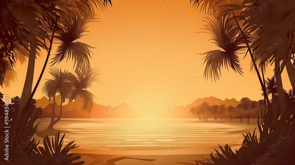 Background summer with leaf shadow for product presentation. Illustration of nature of tropical golden beach with rays of sun light and leaf palm. 3D realistic illustration. Creative AI