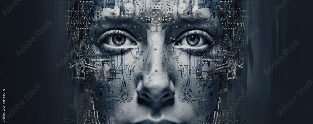 Close-up on a blue and grey android face made with electronic components and circuits, artificial intelligence concept, generative ai illustration Close-up on a blue and grey android face made with electronic components and circuits, artificial intelligence concept, generative ai illustration