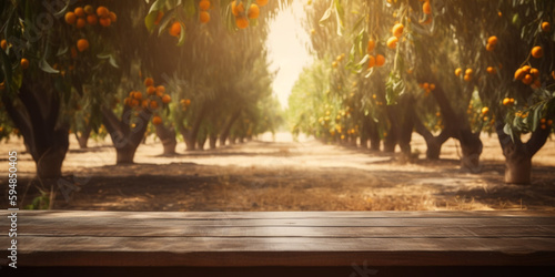 Wooden table and orange trees for product and merchandise display created with generative Ai tools  © Fox Bread
