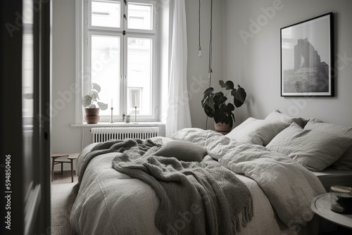 A monochromatic Scandinavian Bedroom with a focus on texture and simplicity, generative ai